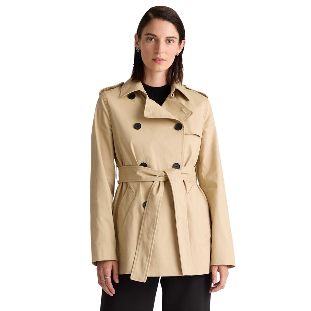 Quince Women's Beige Double-Breasted Trench Coat with Belt